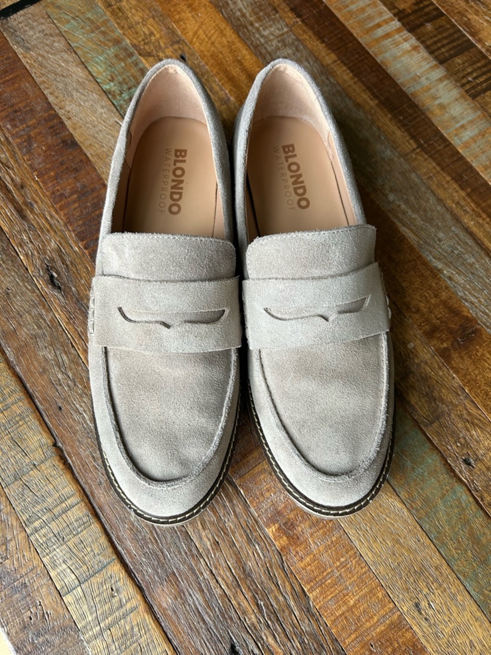 Blondo Waterproof Taupe Suede Penny Loafers. Worn once.